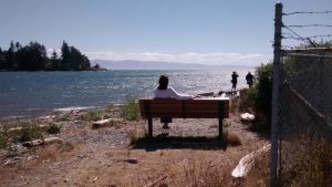 at Dad's bench on Whiffen Spit, Sooke